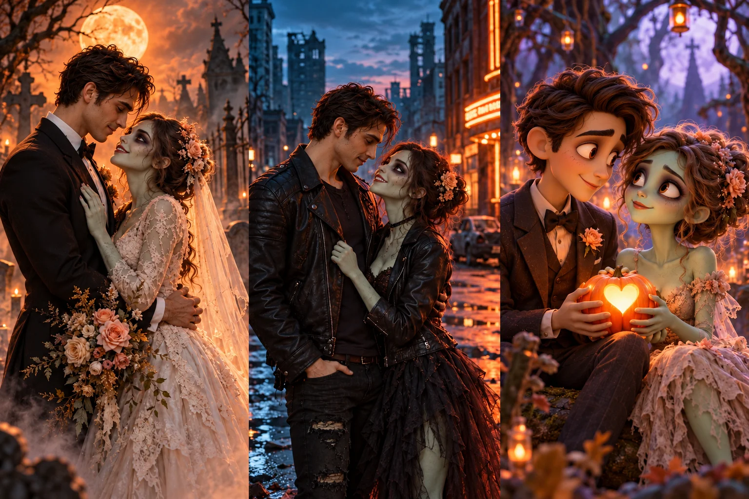 Decorative concept artwork exploring gothic, neon, and playful zombie romance settings.